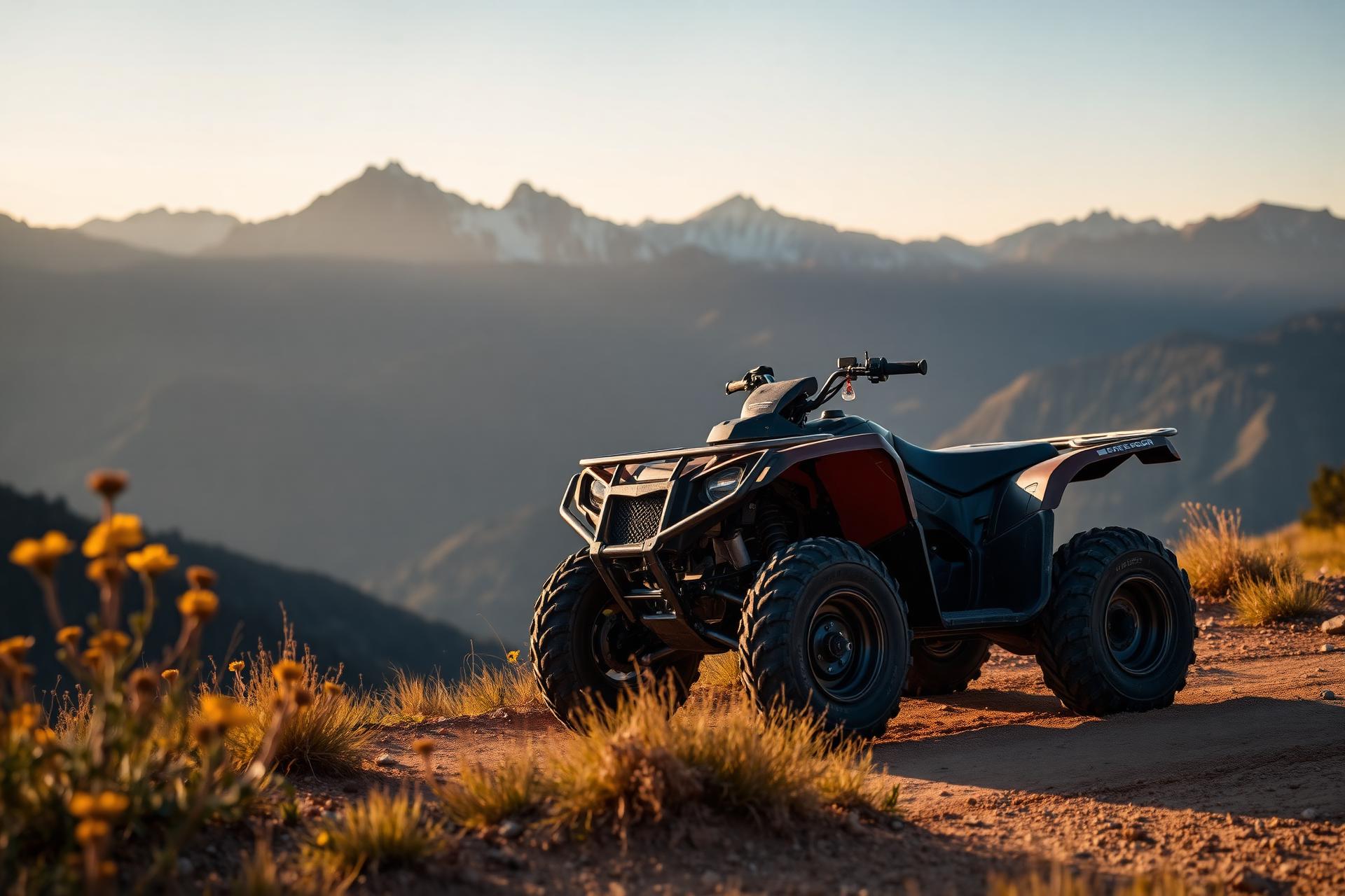 Four-wheeler parked at a mountain overlook at golden hour